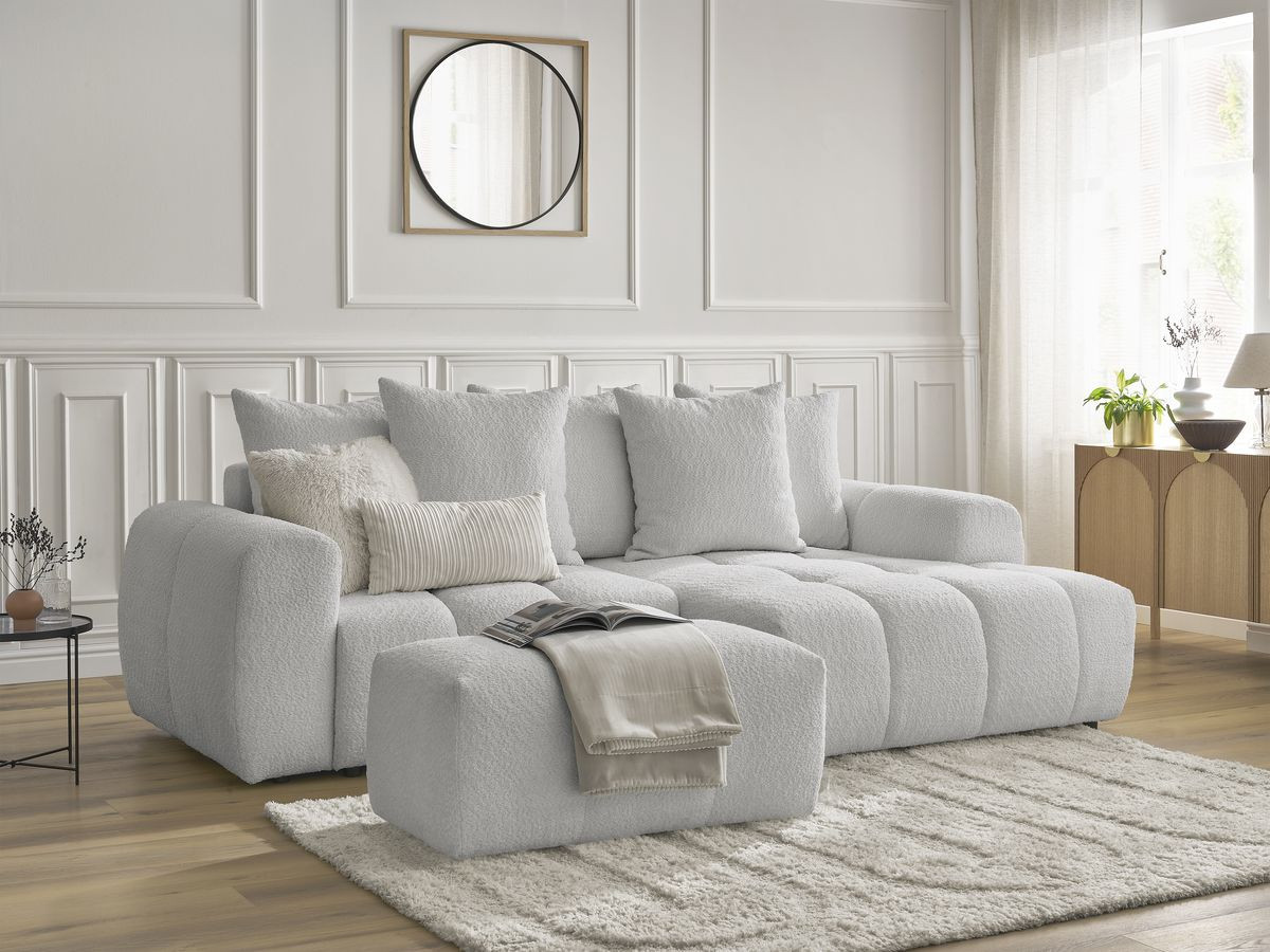 Bobochic Roxelane Ecksofa mit Schlaffunktion und Bettkasten und Pouf 258 × 150 cm Bouclé-Stoff Hellgrau Ecke rechts