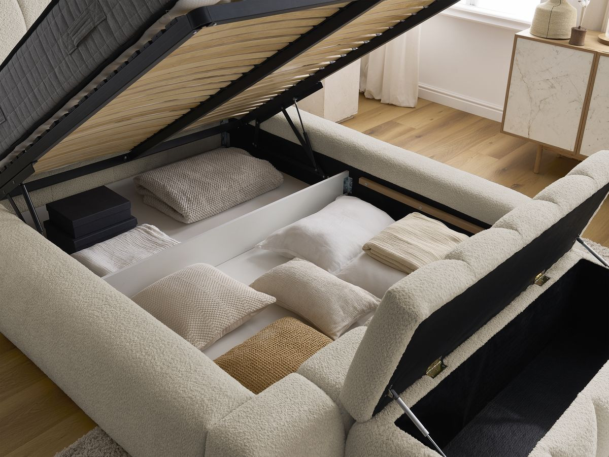 Bobochic Denali Polsterbett mit Bettkasten mit Bettbank Bouclé-Stoff Beige, Liegefläche 140 × 190 cm
