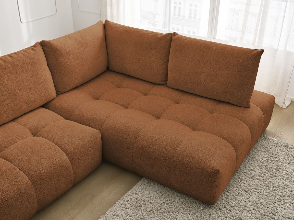 Bobochic Everest Ecksofa mit Schlaffunktion und Bettkasten 320 × 212 cm, 5 Kissen Melange-Stoff Orange Ecke rechts