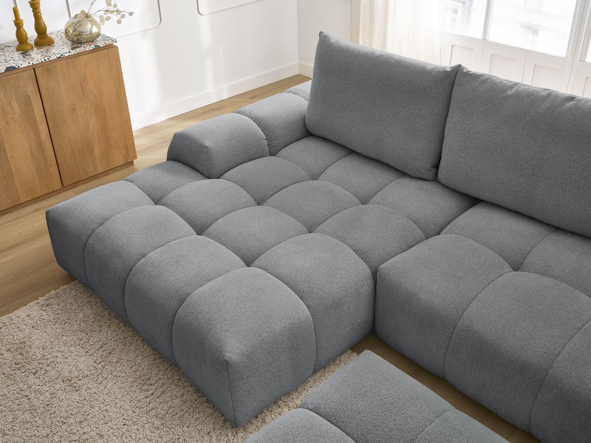 Bobochic Everest Ecksofa mit Schlaffunktion und Bettkasten und Pouf 318 × 180 cm, 3 Kissen Melange-Stoff Dunkelgrau Ecke links