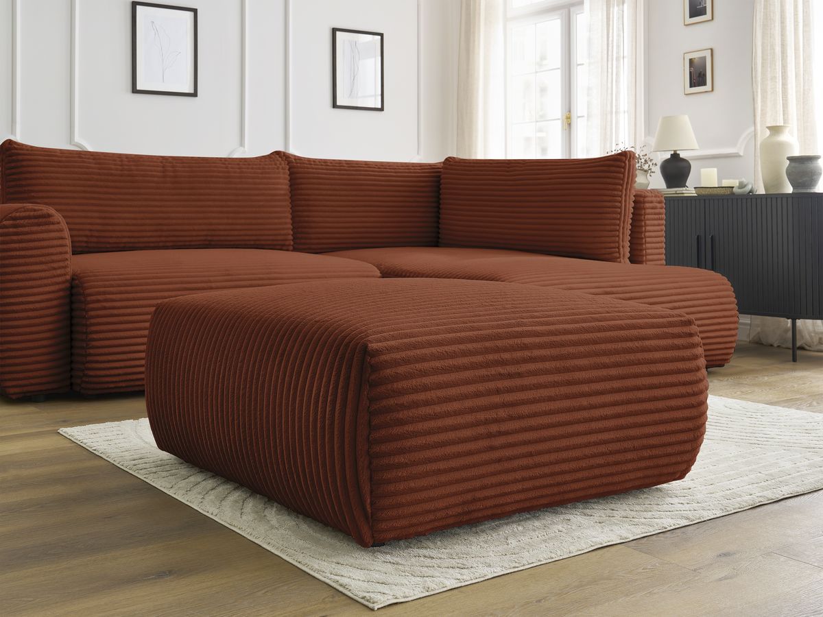 Bobochic Lucien Ecksofa mit Schlaffunktion und Bettkasten und Pouf 296 × 198 cm Breitcord weich Orange Ecke rechts
