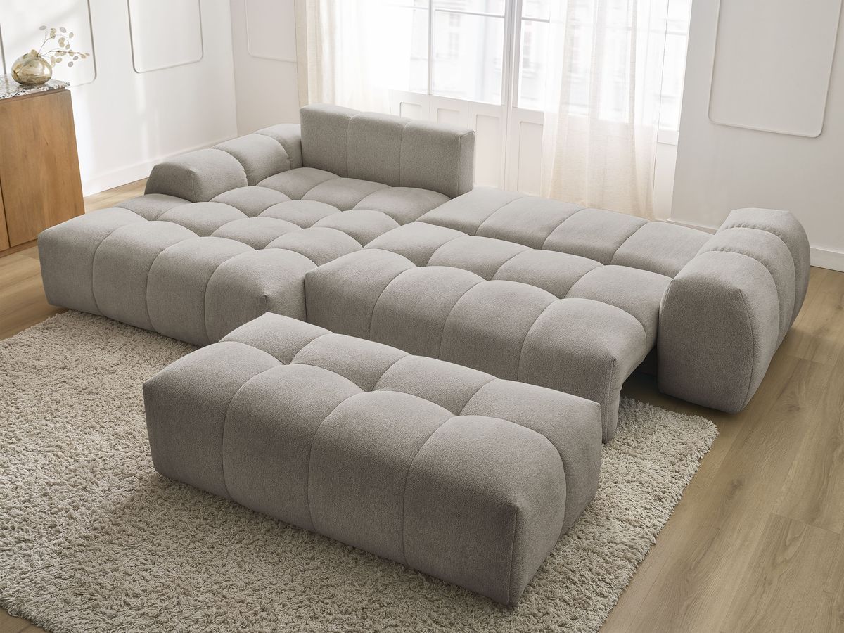 Bobochic Everest Ecksofa mit Schlaffunktion und Bettkasten und Pouf 318 × 180 cm, 7 Kissen Melange-Stoff Taupe Ecke links