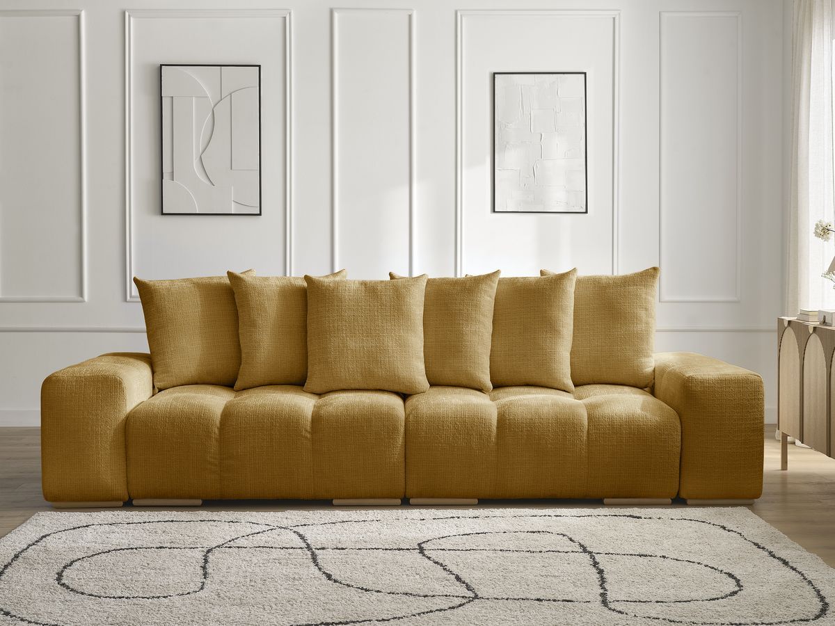 Bobochic Anakin Schlafsofa 3-Sitzer mit Bettkasten, 6 Kissen Strukturstoff Gelb