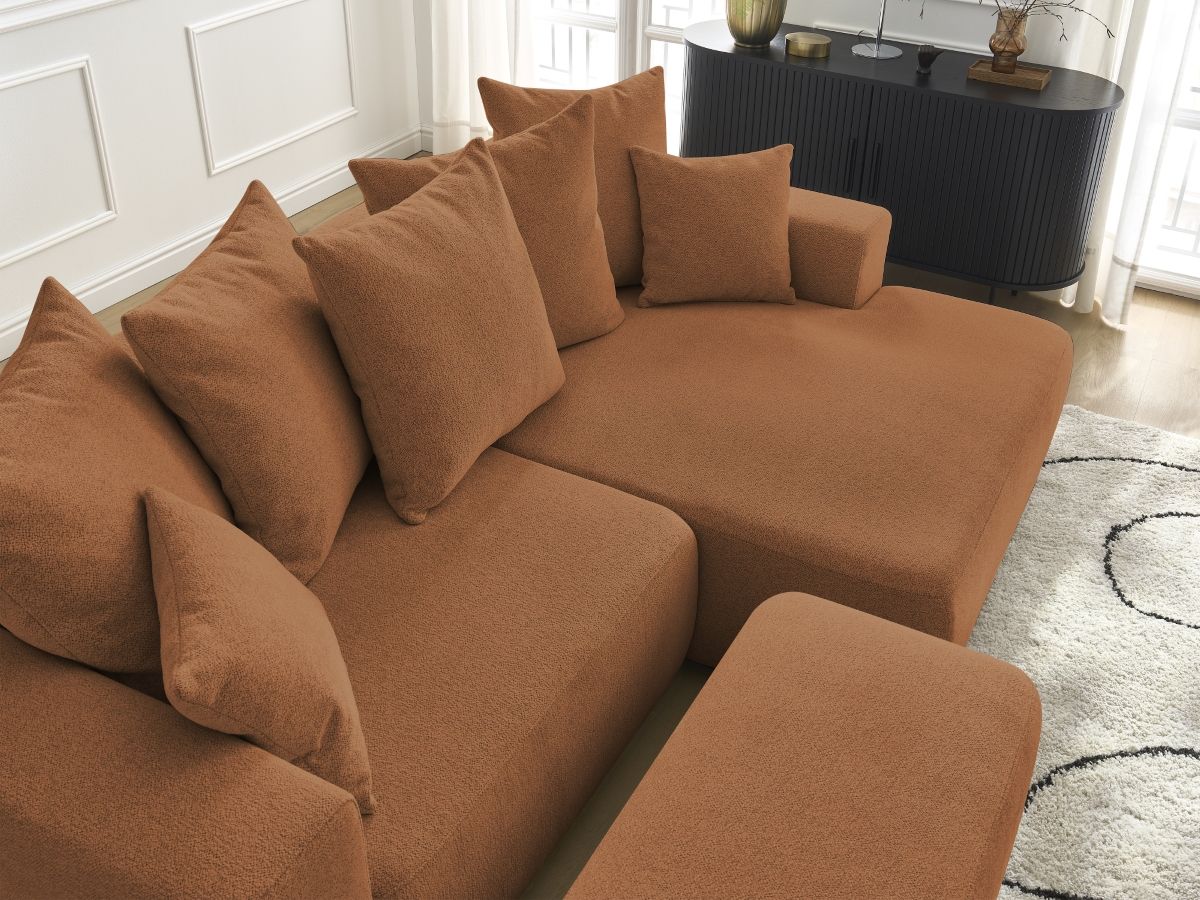 Bobochic Atilla Ecksofa mit Schlaffunktion und Bettkasten und Pouf Melange-Stoff Orange Ecke rechts