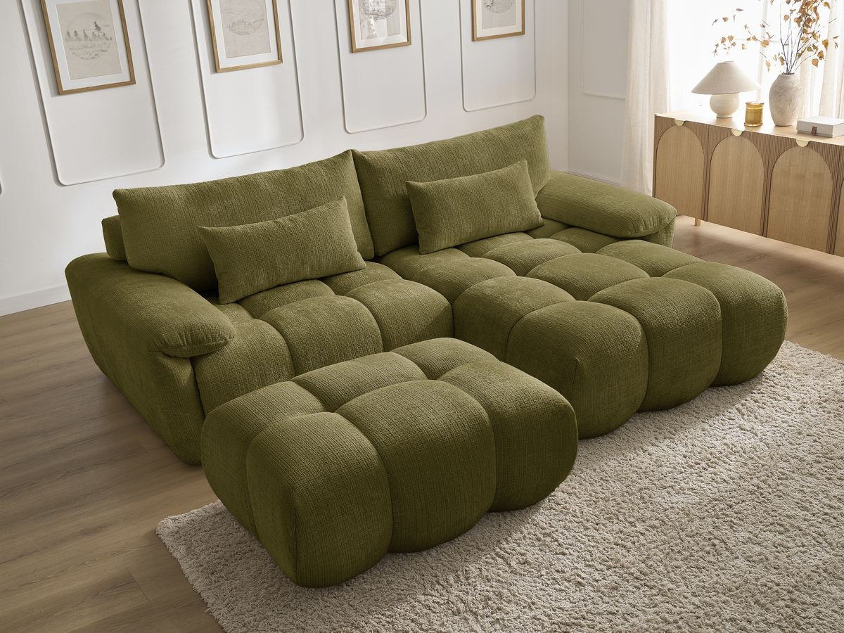 Bobochic Ivane Ecksofa mit Pouf Strukturstoff Grün Ecke rechts