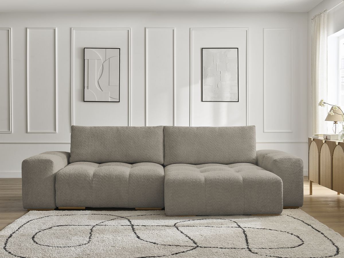 Bobochic Anakin Ecksofa mit Schlaffunktion und Bettkasten, 2 Kissen Bouclé-Stoff Taupe
