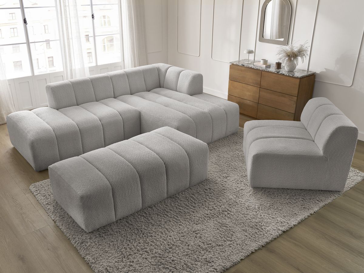 Bobochic Annecy Ecksofa mit Sofamodul und Pouf Bouclé-Stoff Hellgrau Ecke rechts