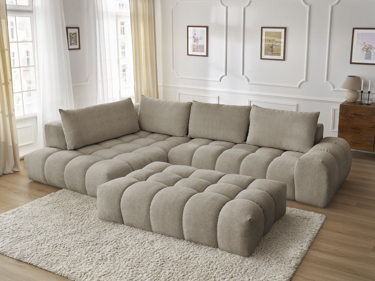 Bobochic Everest Ecksofa mit Schlaffunktion und Pouf, 4 Kissen Melange-Stoff Taupe Ecke links