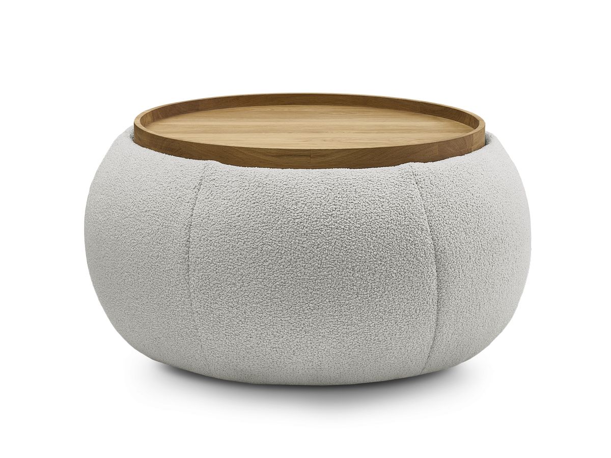 Bobochic Hayden Pouf mit Tablett, rund Bouclé-Stoff Hellgrau, 77 cm