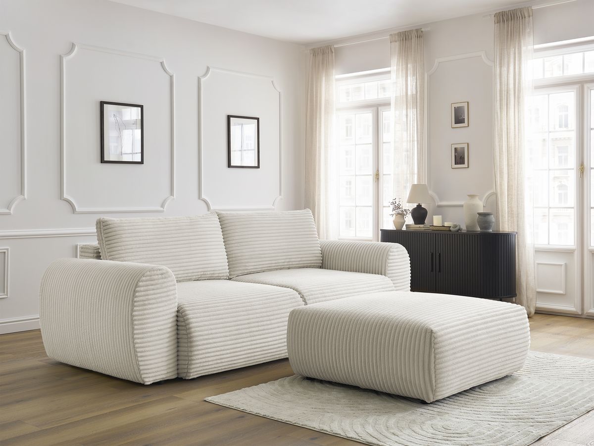 Bobochic Lucien Schlafsofa 4-Sitzer mit Bettkasten und Pouf Breitcord weich Beige