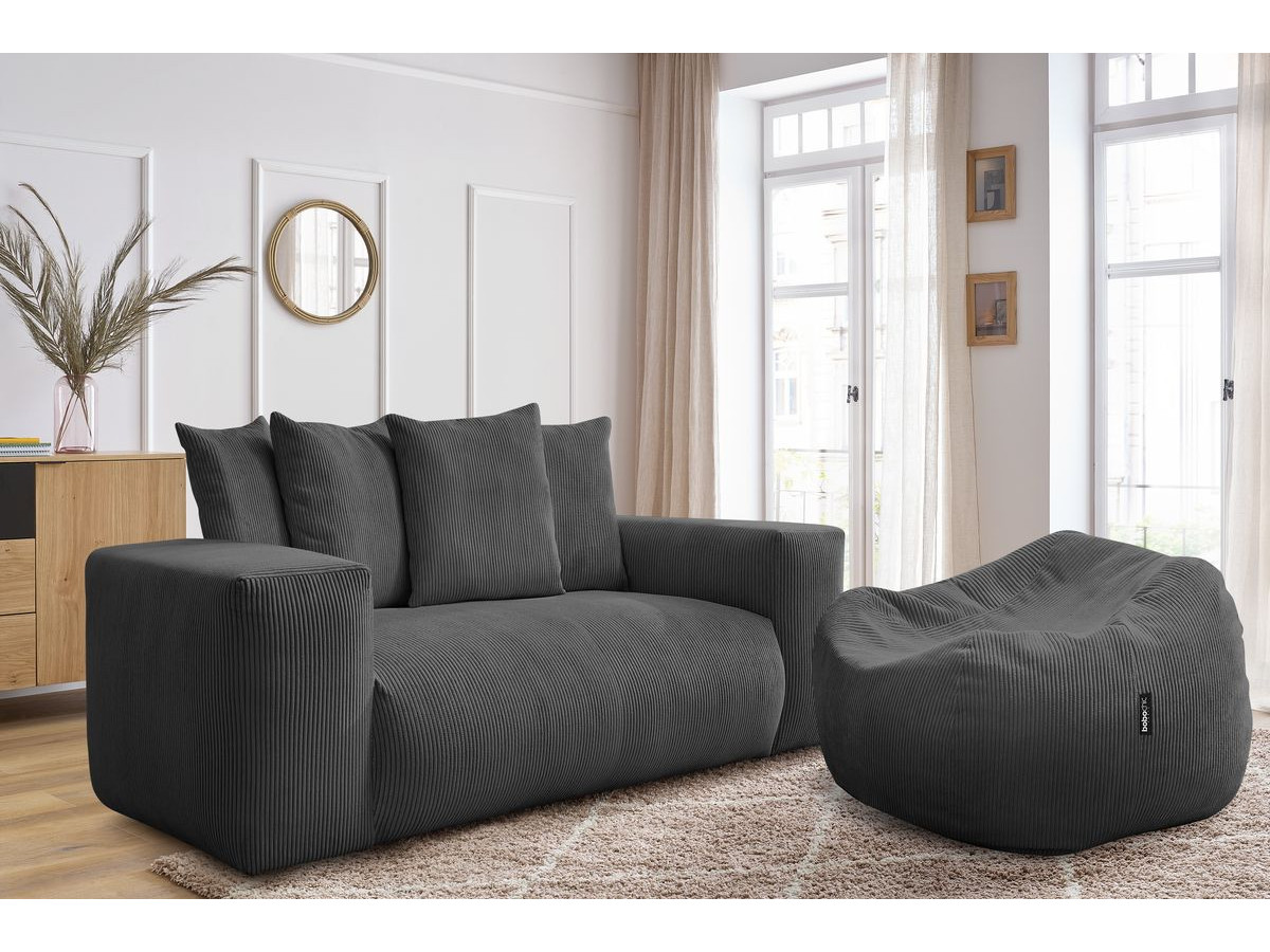 Bobochic Voltaire Sofa 2-Sitzer mit Pouf Cordsamt Dunkelgrau