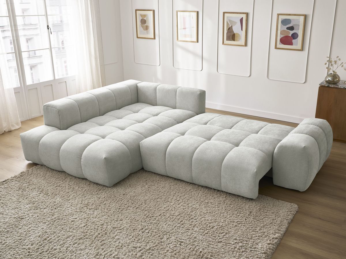 Bobochic Everest Ecksofa mit Schlaffunktion und Bettkasten 320 × 212 cm, 10 Kissen Strukturstoff Hellgrau Ecke links