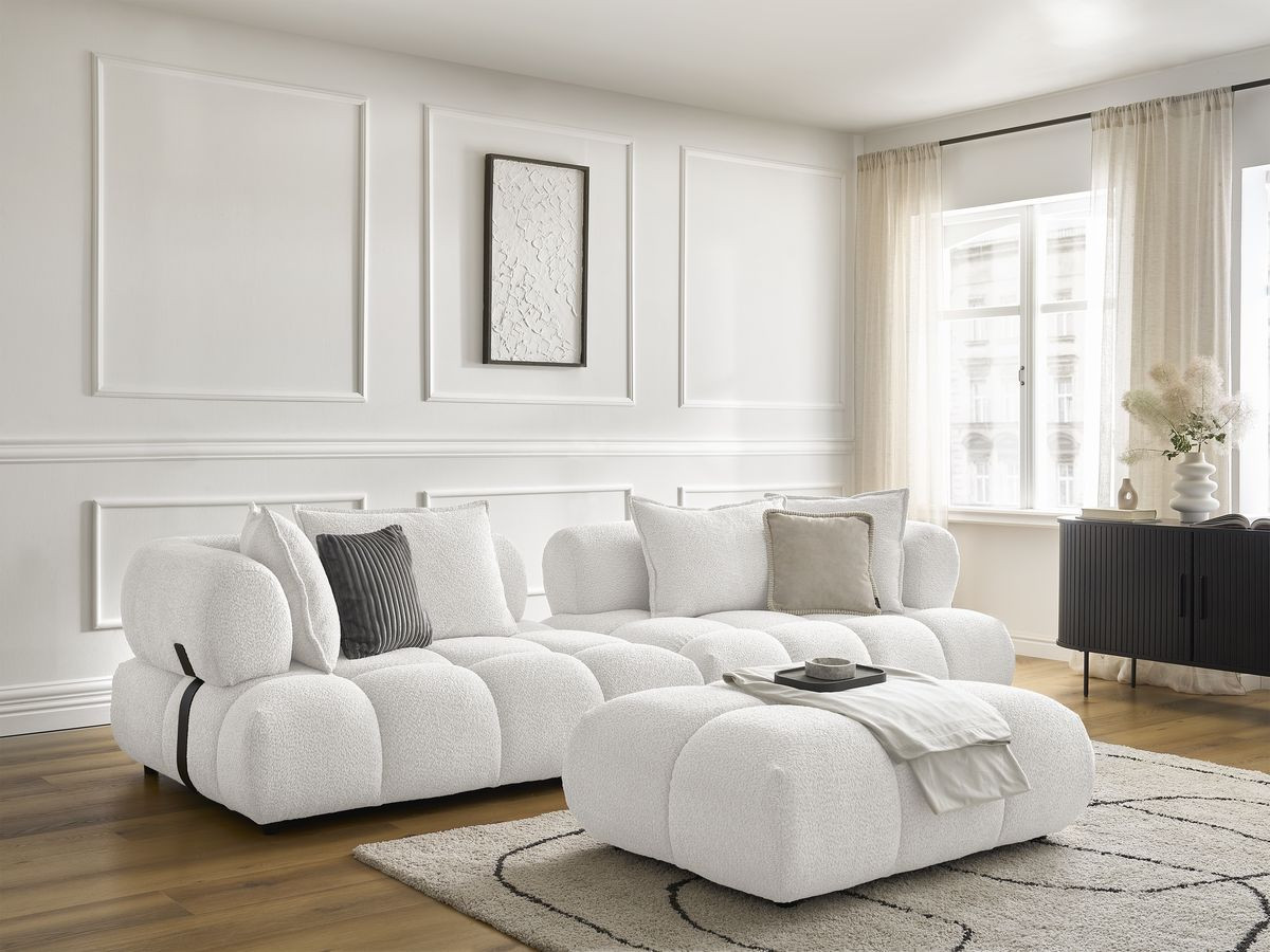 Bobochic Alya Sofa 4-Sitzer mit Pouf Bouclé-Stoff Weiß