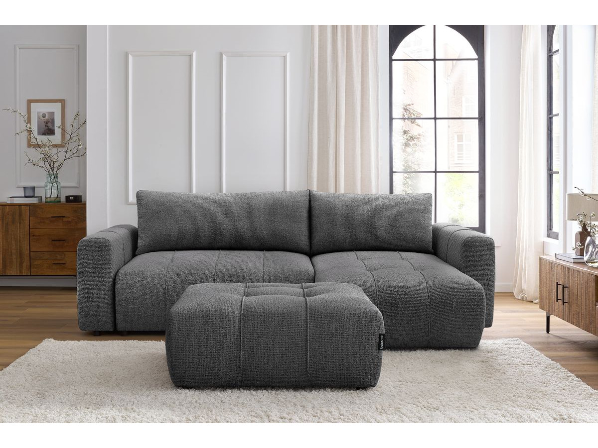 Bobochic Arsene Ecksofa mit Schlaffunktion und Bettkasten und Pouf 288 × 148 cm Melange-Stoff Dunkelgrau