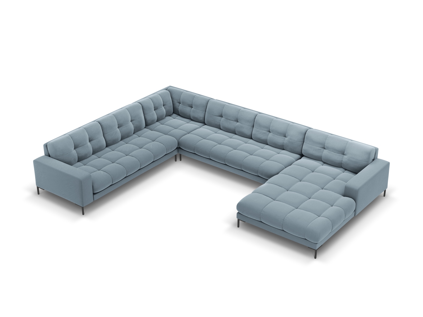 Cosmopolitan Design Panoramasofa Bali 7-Sitzer 327 cm Samt Bluvel Hellblau Links Beine Schwarzes Metall