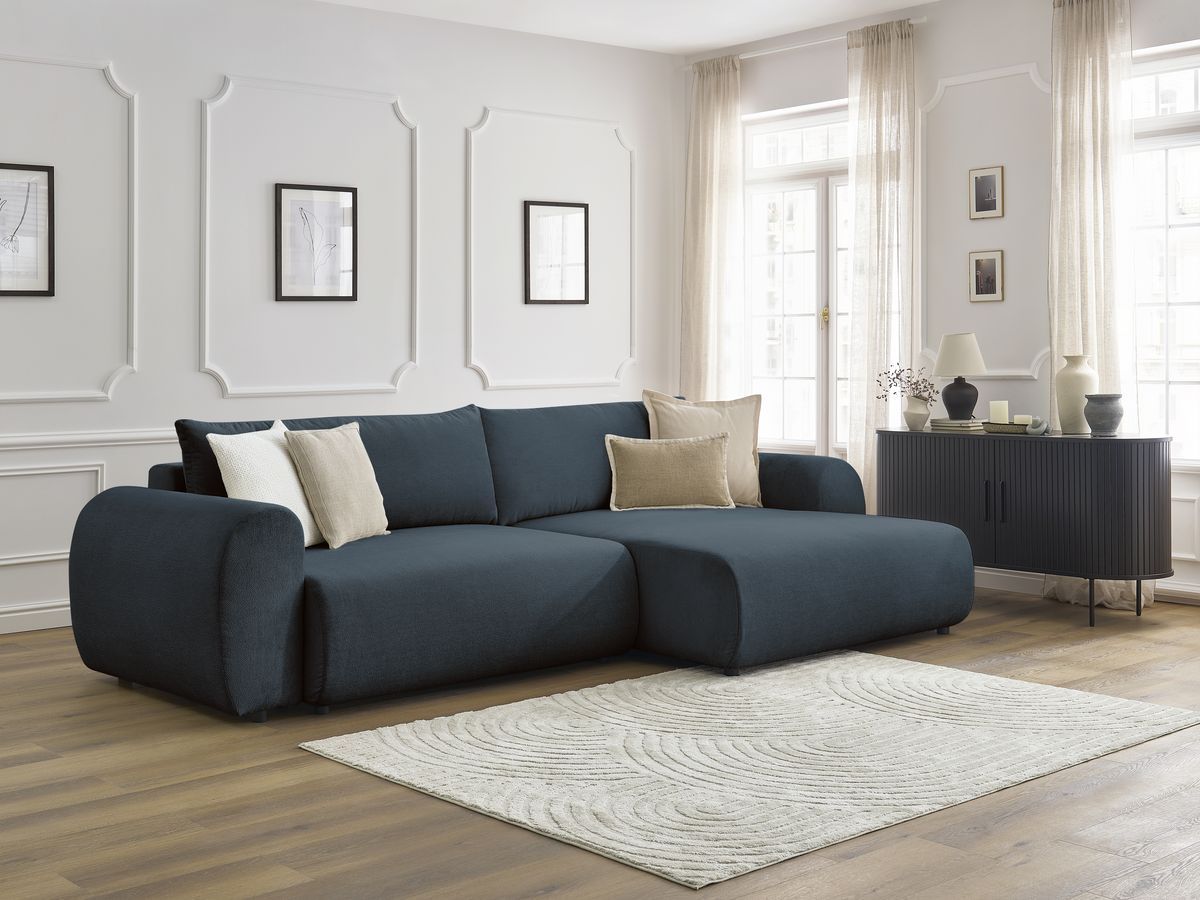 Bobochic Lucien Ecksofa mit Schlaffunktion und Bettkasten 314 × 167 cm Stoff Dunkelblau Ecke rechts