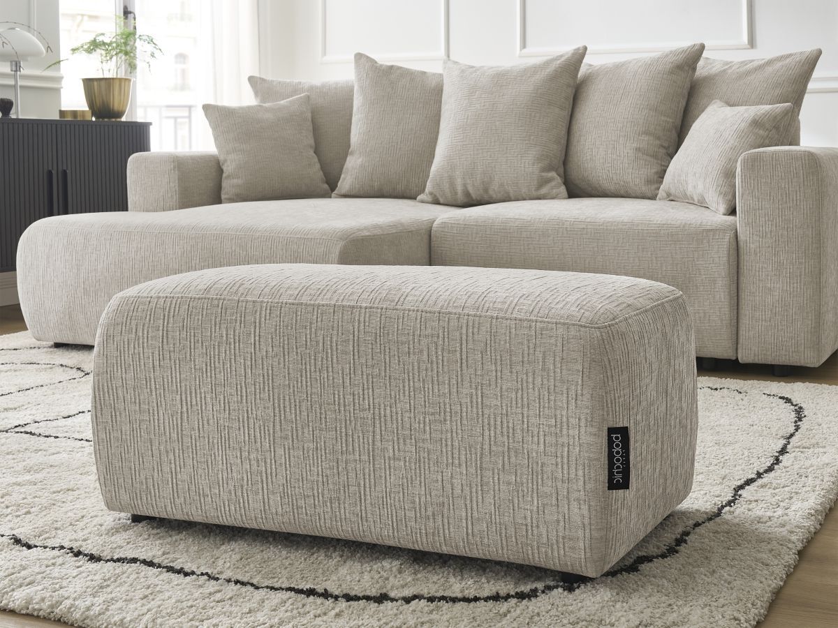 Bobochic Atilla Ecksofa mit Schlaffunktion und Bettkasten und Pouf Strukturstoff Beige Ecke links