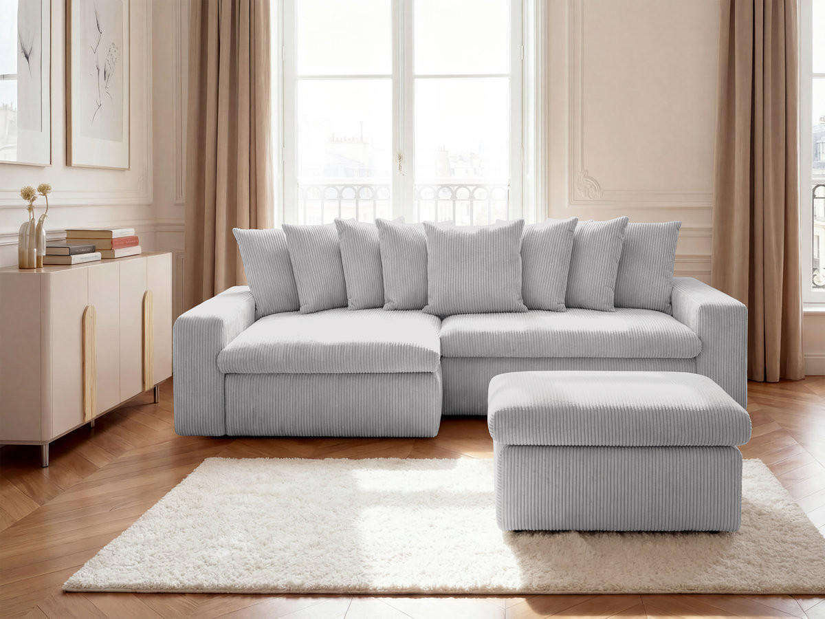 Bobochic Enore Ecksofa mit Pouf Cordsamt Hellgrau Ecke links