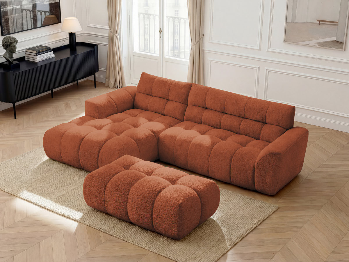 Bobochic Jaya Ecksofa mit Pouf Chenille Orange Ecke links
