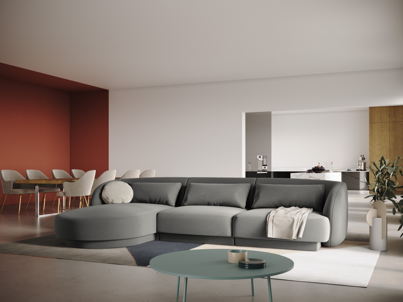 Cosmopolitan Design Ecksofa Tulum 4-Sitzer Samt Bluvel Hellgrau Links