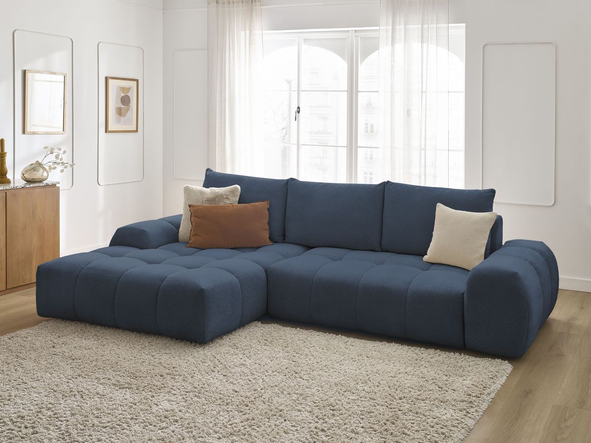 Bobochic Everest Ecksofa mit Schlaffunktion und Bettkasten 318 × 180 cm, 3 Kissen Melange-Stoff Dunkelblau Ecke links