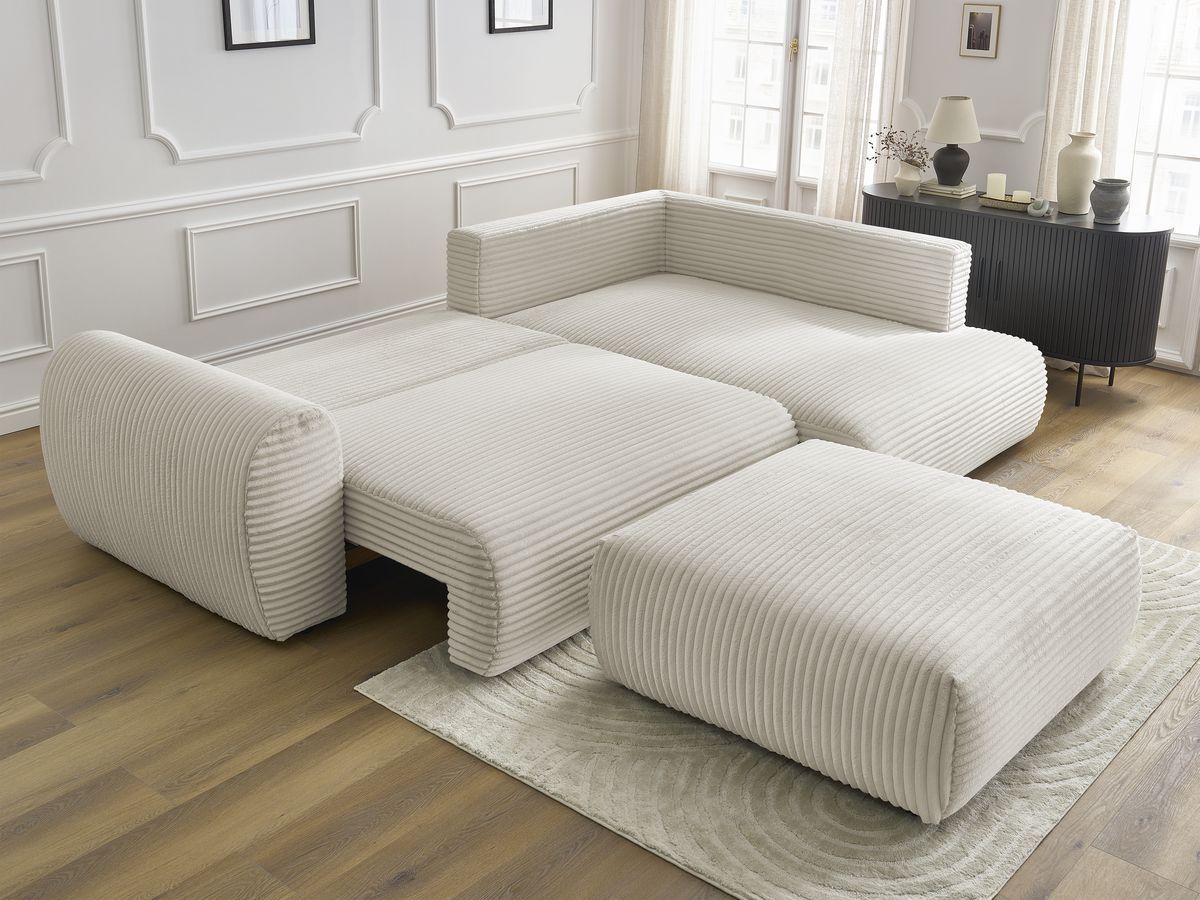 Bobochic Lucien Ecksofa mit Schlaffunktion und Bettkasten und Pouf 296 × 198 cm Breitcord weich Beige Ecke rechts