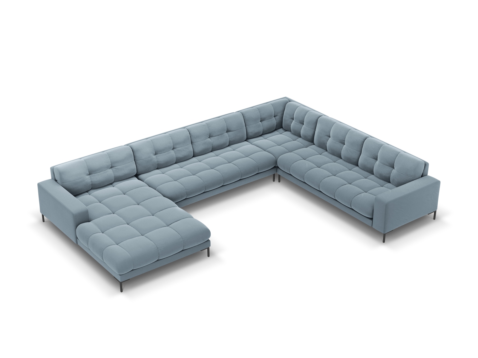 Cosmopolitan Design Panoramasofa Bali 7-Sitzer 327 cm Samt Bluvel Hellblau Rechts Beine Schwarzes Metall
