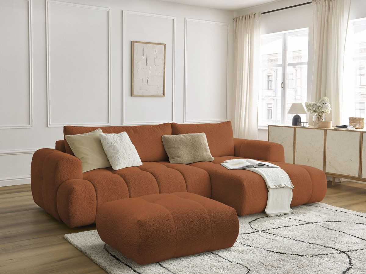 Bobochic Fuji Ecksofa mit Schlaffunktion und Bettkasten und Pouf 292 × 160 cm Bouclé-Stoff Orange Ecke rechts