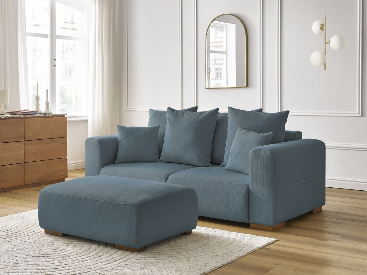 Bobochic Sidonie Sofa 3-Sitzer mit Pouf Cordsamt Dunkelblau