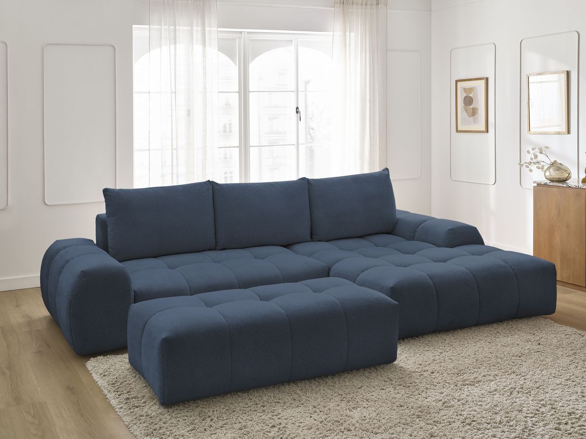 Bobochic Everest Ecksofa mit Schlaffunktion und Bettkasten und Pouf 318 × 180 cm, 3 Kissen Melange-Stoff Dunkelblau Ecke rechts