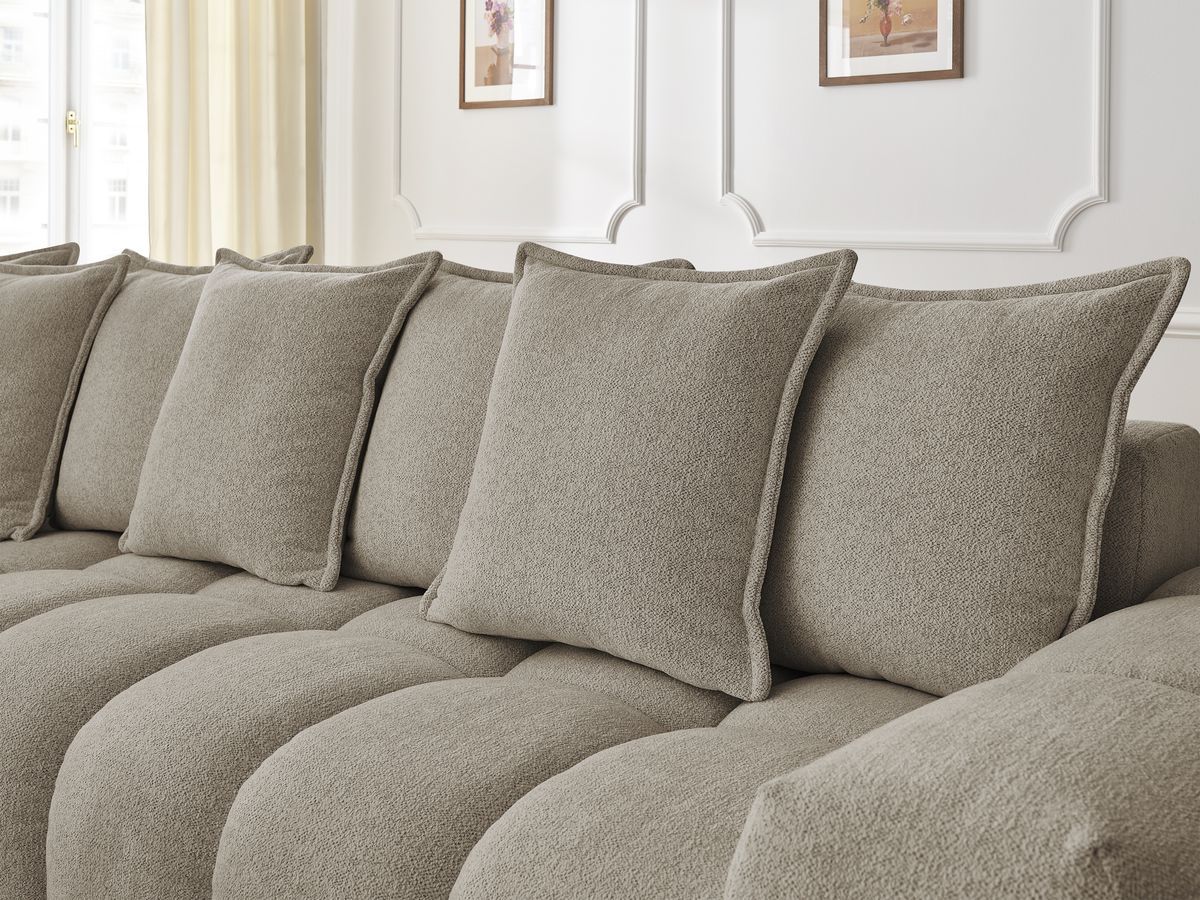 Bobochic Everest Ecksofa mit Schlaffunktion und Pouf, 10 Kissen Melange-Stoff Taupe Ecke links