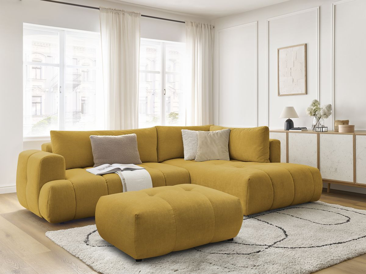 Bobochic Fuji Ecksofa mit Schlaffunktion und Bettkasten und Pouf 282 × 204 cm Stoff Gelb Ecke rechts