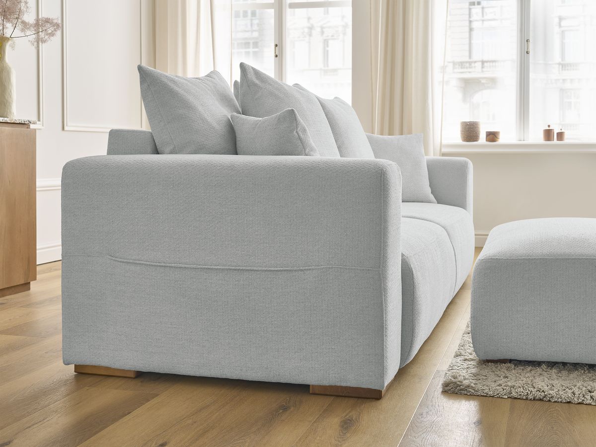 Bobochic Sidonie Schlafsofa 4-Sitzer mit Bettkasten und Pouf Melange-Stoff Hellgrau