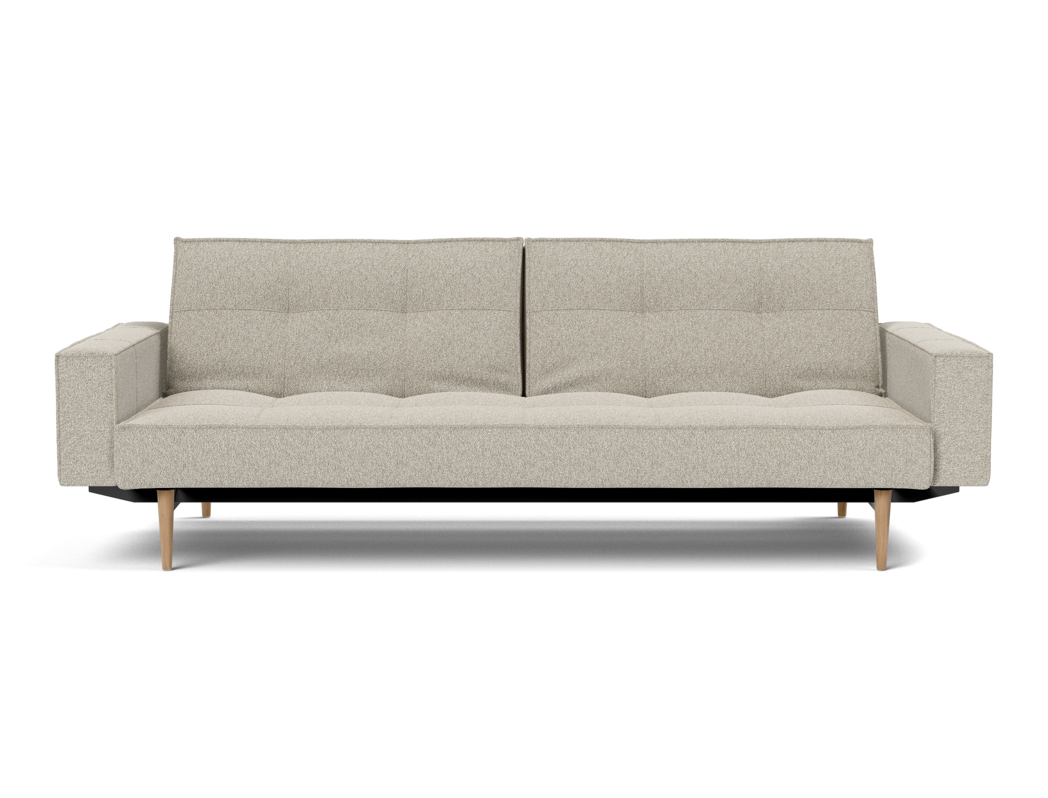 Schlafsofa Splitback mit Armlehnen Boucle Skandi 539-Beige Beine Styletto Eiche hell