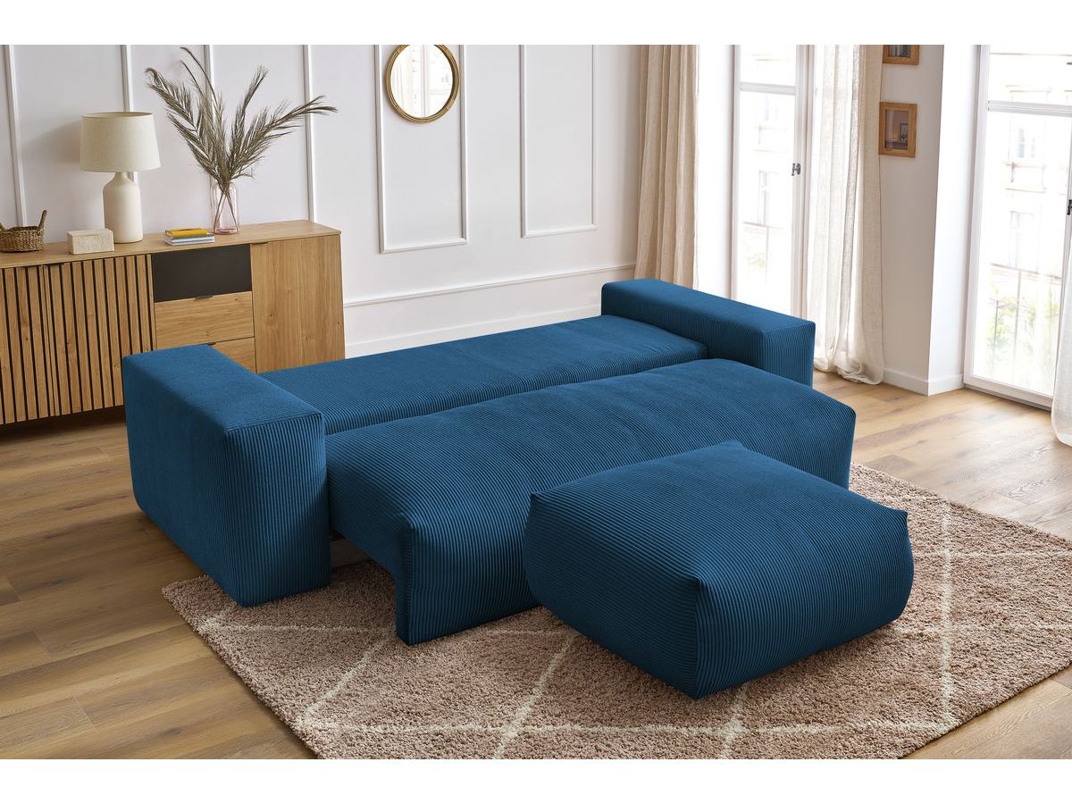Bobochic Voltaire Schlafsofa 4-Sitzer mit Bettkasten und Pouf Cordsamt Dunkelblau