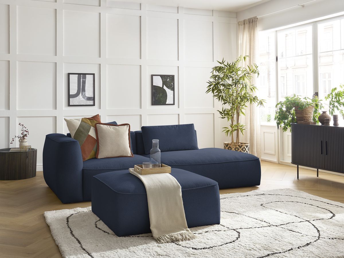Bobochic Leopold Sofa 4-Sitzer mit Pouf Melange-Stoff Dunkelblau Armlehne links