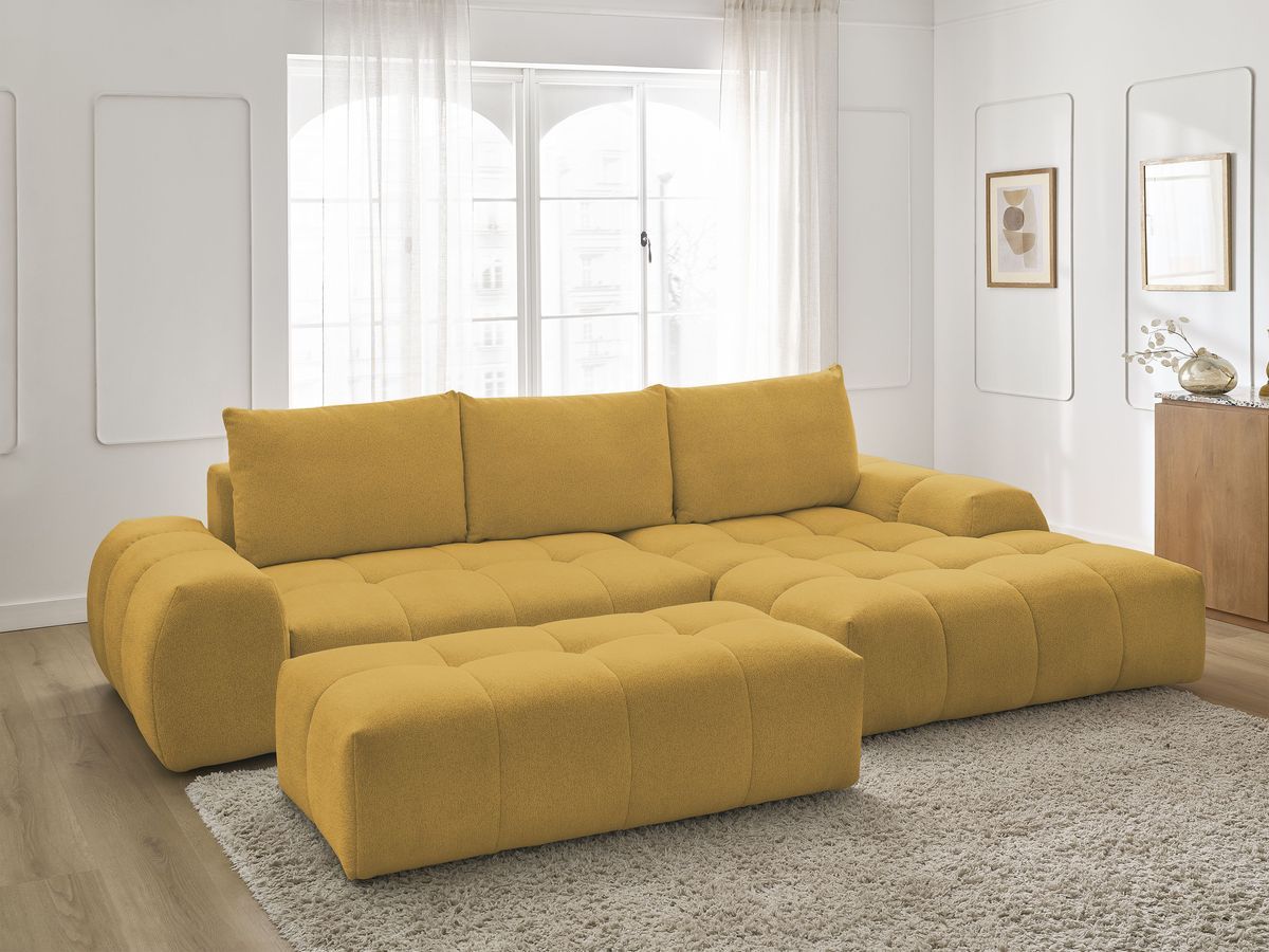 Bobochic Everest Ecksofa mit Schlaffunktion und Bettkasten und Pouf 318 × 180 cm, 3 Kissen Melange-Stoff Gelb Ecke rechts