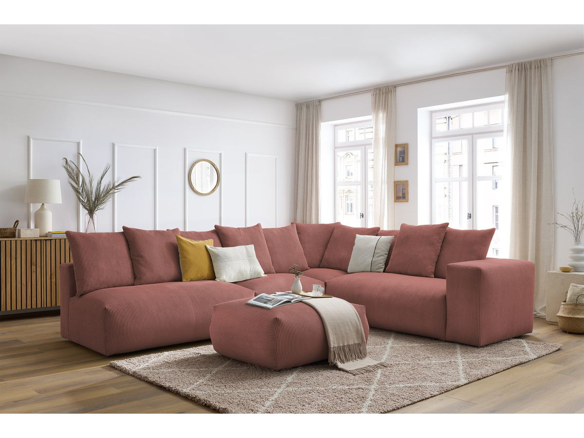 Bobochic Voltaire Ecksofa mit Pouf 322 × 268 cm Cordsamt Rosa Ecke rechts