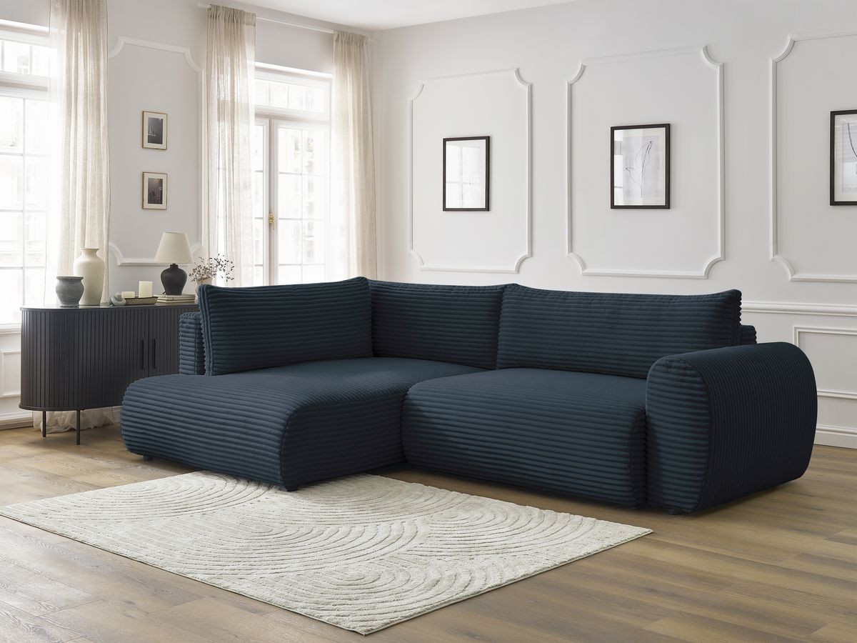 Bobochic Lucien Ecksofa mit Schlaffunktion und Bettkasten 296 × 198 cm Breitcord weich Dunkelblau Ecke links