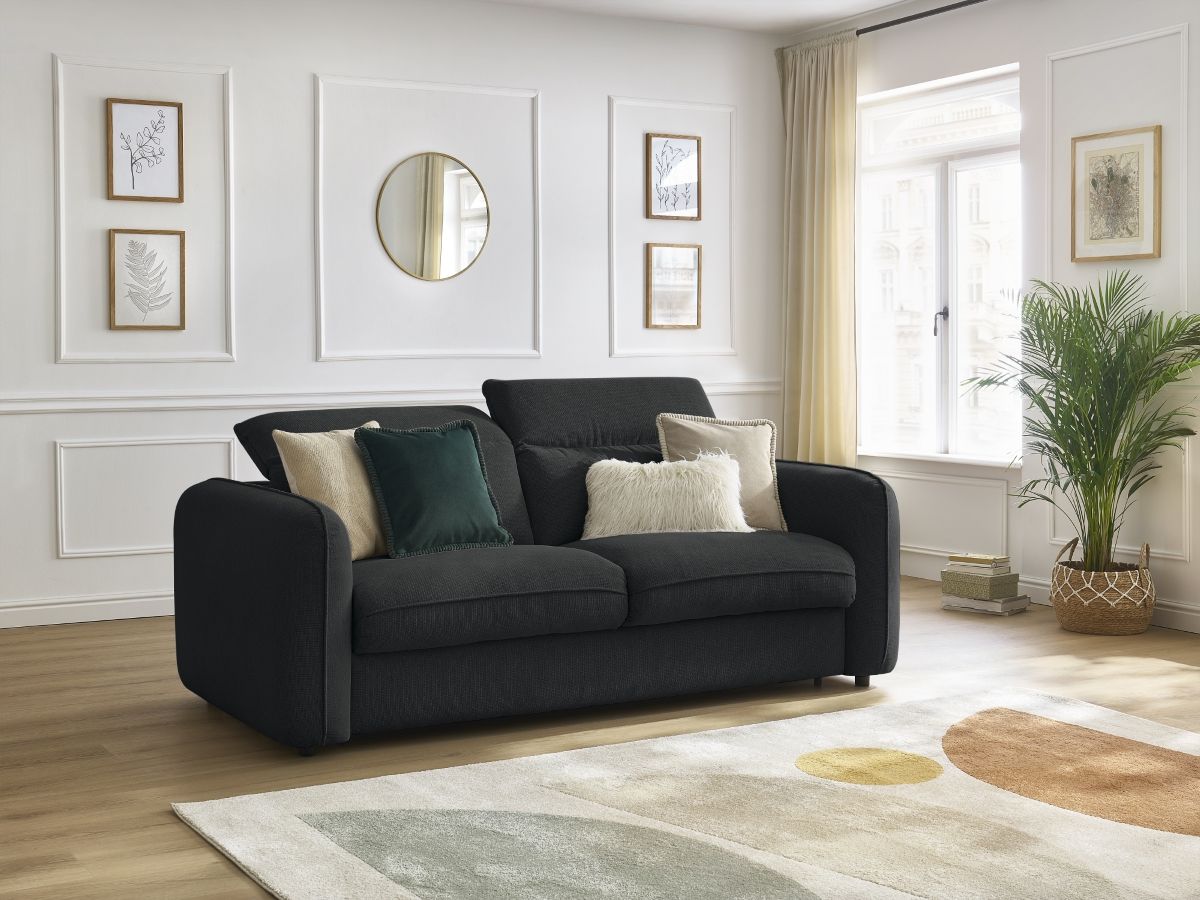 Bobochic Achille Schlafsofa 3-Sitzer Melange-Stoff Schwarz, Liegefläche 140 × 200 cm