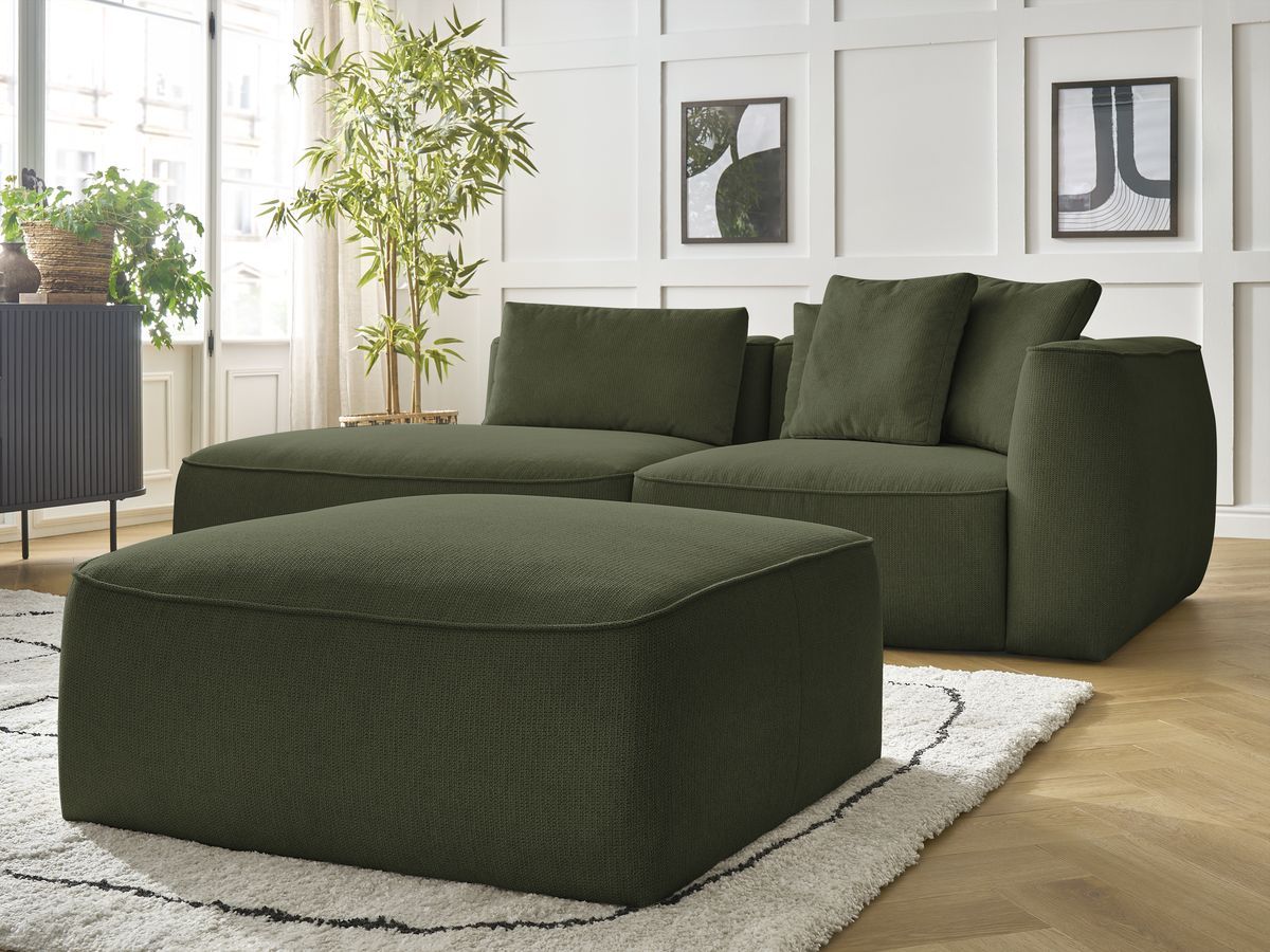Bobochic Leopold Sofa 4-Sitzer mit Pouf Melange-Stoff Dunkelgrün Armlehne rechts