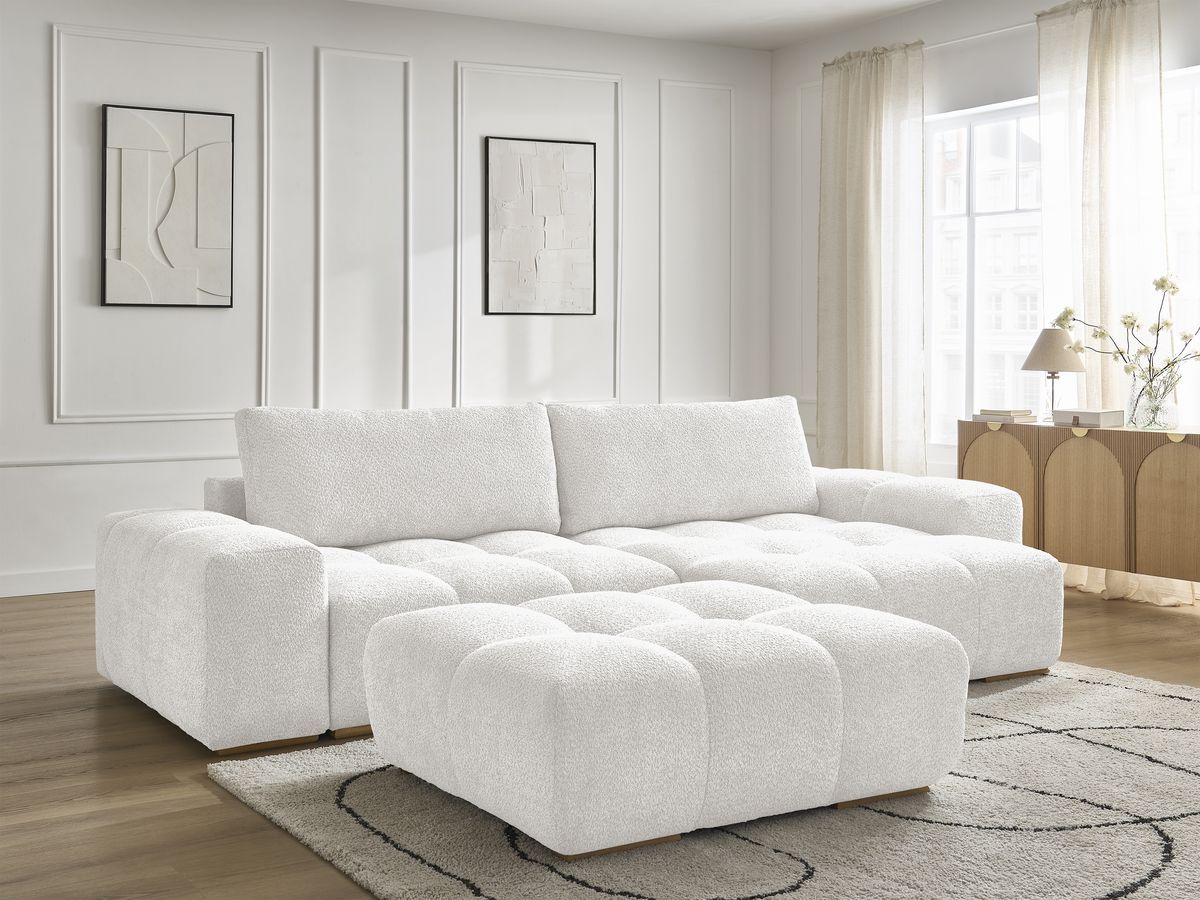 Bobochic Anakin Ecksofa mit Schlaffunktion und Bettkasten und Pouf, 2 Kissen Bouclé-Stoff Weiß