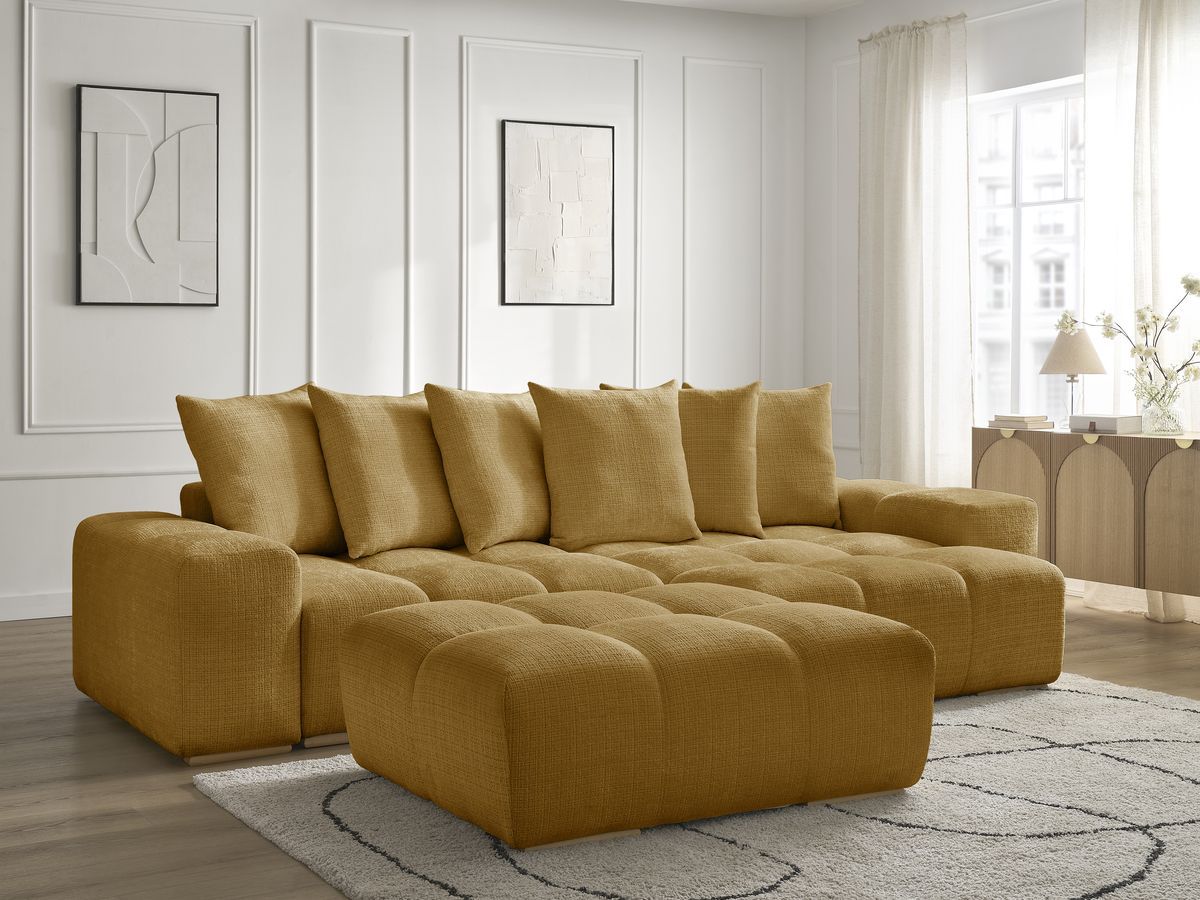 Bobochic Anakin Ecksofa mit Pouf, 6 Kissen Strukturstoff Gelb