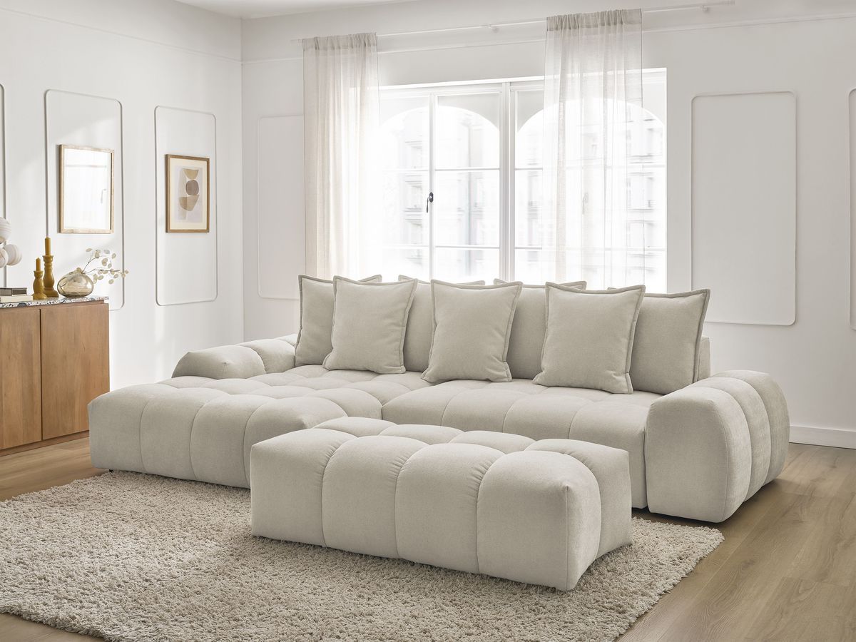 Bobochic Everest Ecksofa mit Schlaffunktion und Bettkasten und Pouf 318 × 180 cm, 7 Kissen Strukturstoff Beige Ecke links