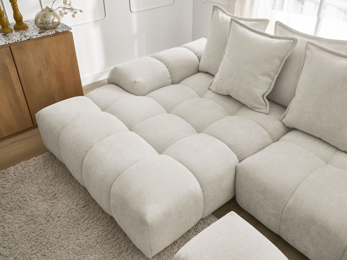 Bobochic Everest Ecksofa mit Schlaffunktion und Bettkasten und Pouf 318 × 180 cm, 7 Kissen Strukturstoff Beige Ecke links
