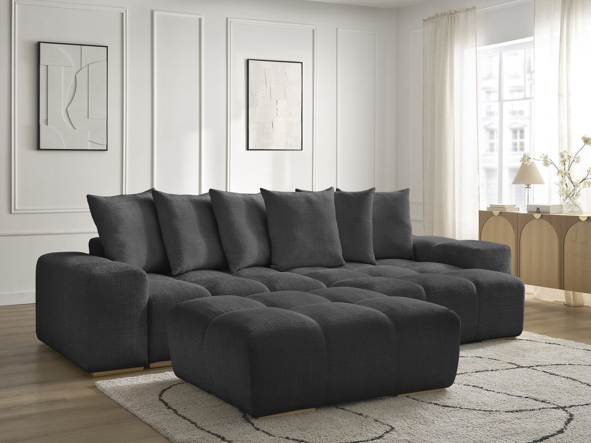 Bobochic Anakin Ecksofa mit Schlaffunktion und Bettkasten und Pouf, 6 Kissen Strukturstoff Schwarz