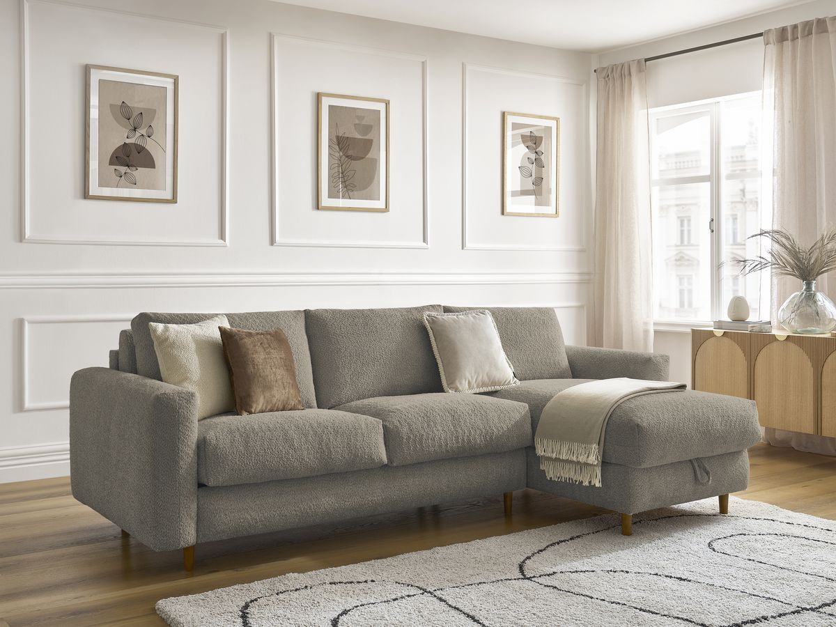 Bobochic Cocoone Ecksofa mit Schlaffunktion und Bettkasten Bouclé-Stoff Taupe, Liegefläche 140 × 200 cm