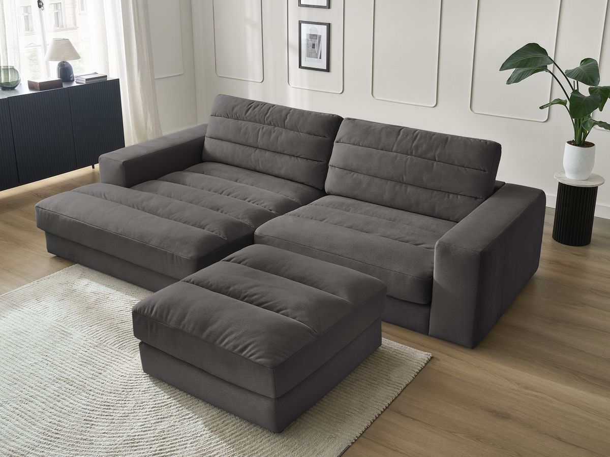 Bobochic Sierra Ecksofa mit Pouf Samt Schwarz Ecke links