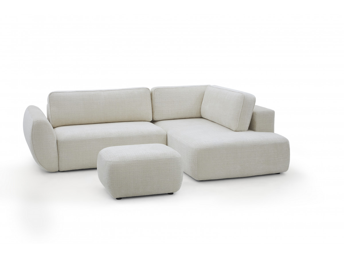 Bobochic Denise Ecksofa mit Schlaffunktion und Bettkasten und Pouf 256 × 197 cm Strukturstoff Weiß Ecke rechts