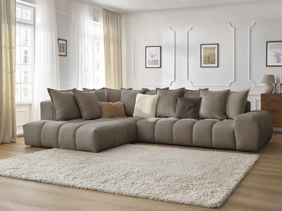 Bobochic Everest Ecksofa, 10 Kissen Strukturstoff Taupe Ecke links